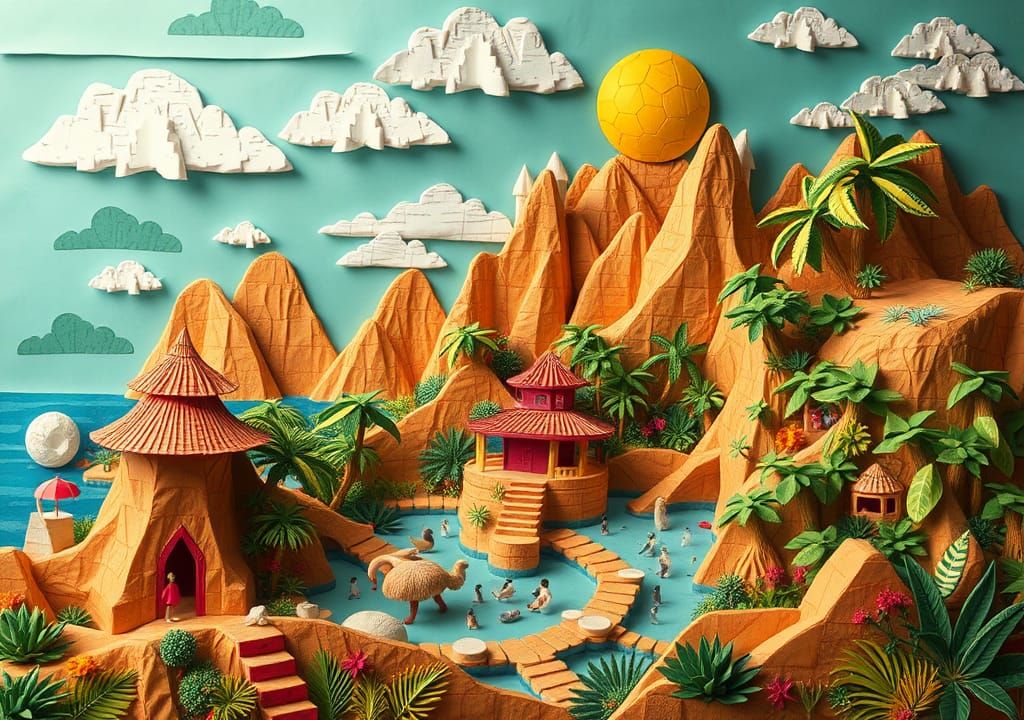 A crazy paper-mâché collage of a surreal paradise landscape ...