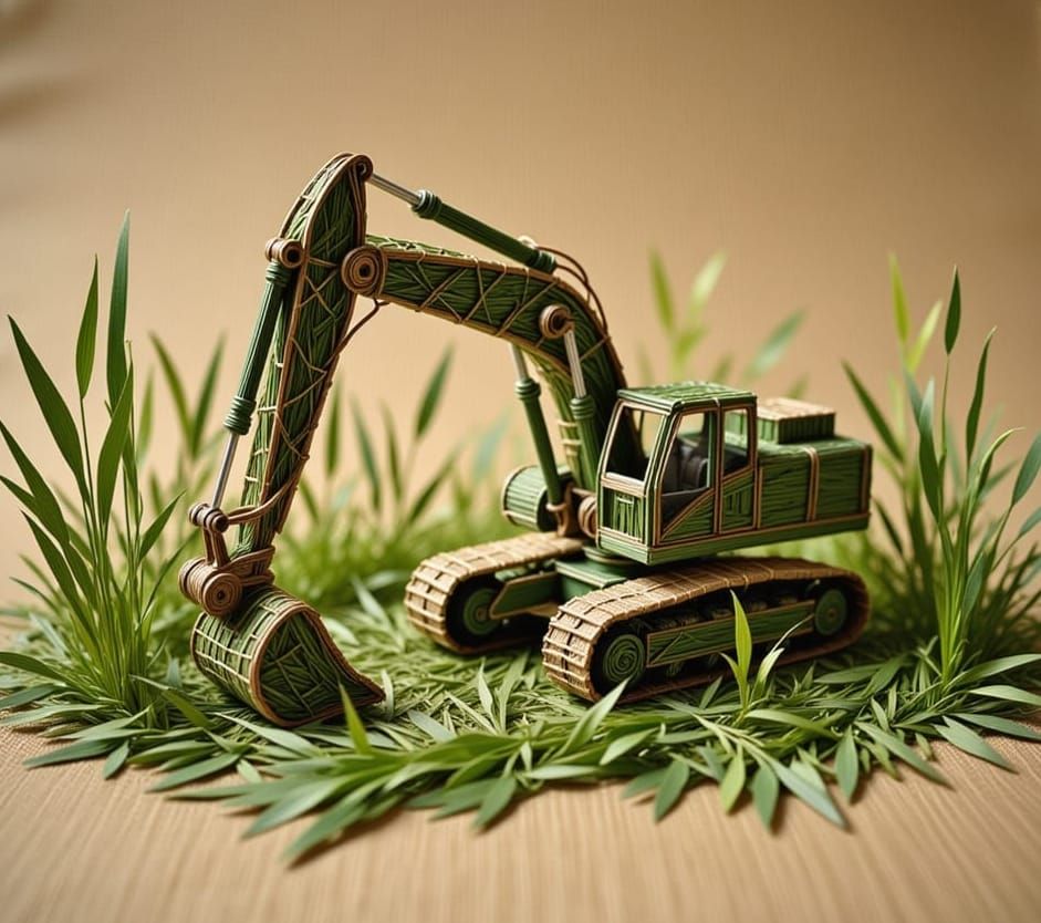 <lora:flax:1.0> toy excavator crafted from green stems and leaves of various grasses