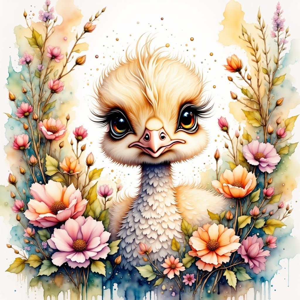 <lora:MrsH Watercolor:1.0>  portrait of cute small ostrich with large adorable expressive eyes, long eyelashes, with flowers, hyperdetailed...