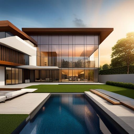 large modern mansion with dark colors and parking space alon...