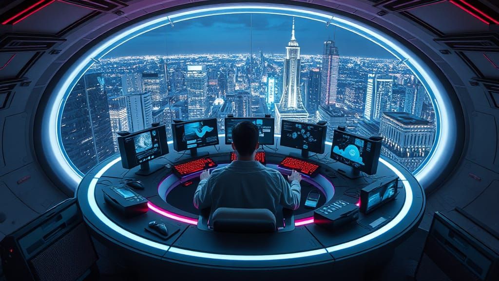 Person sitting inside of a disc shaped future tech desk with...