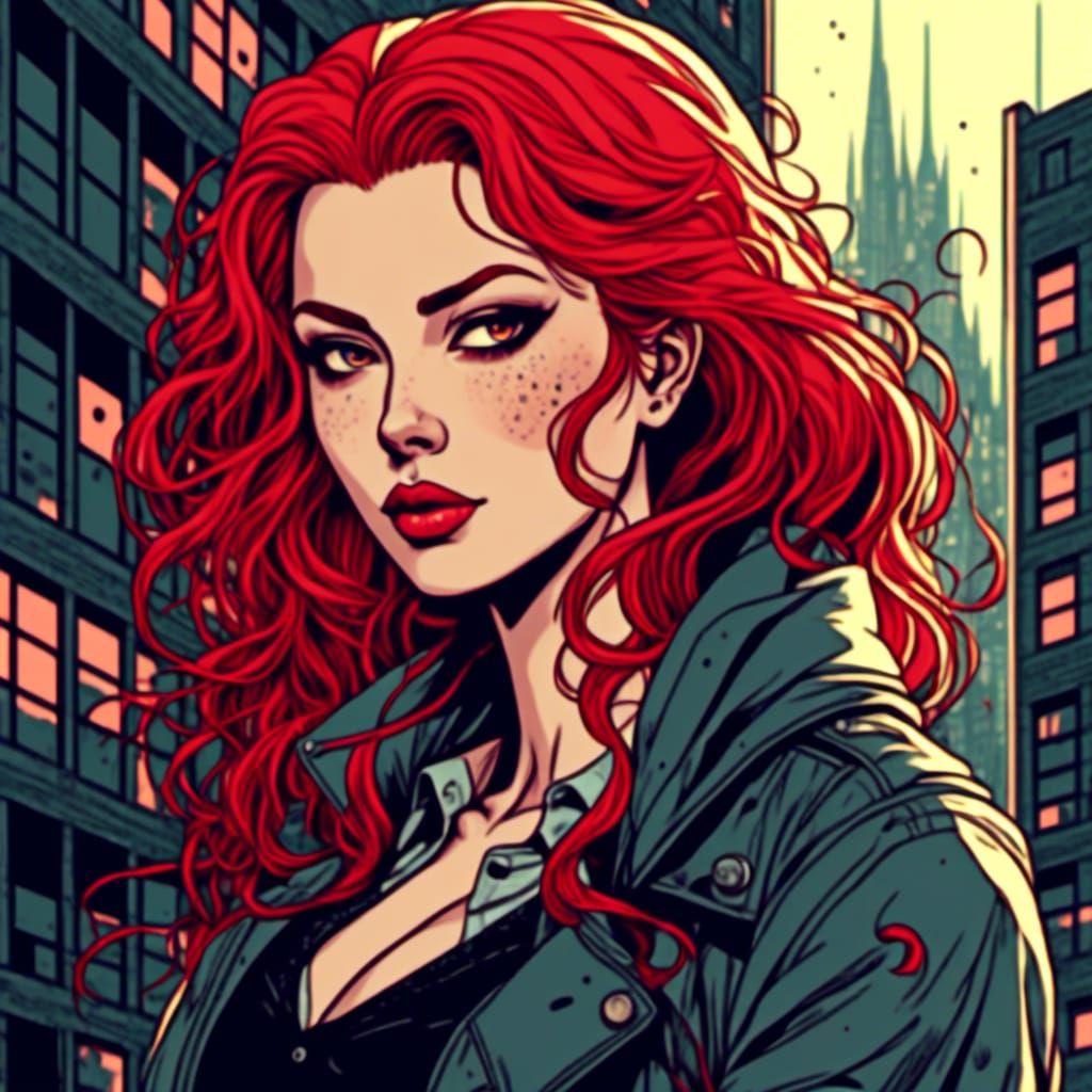  <lora:Comic Style:1.0>Attractive woman, red hair, portrait