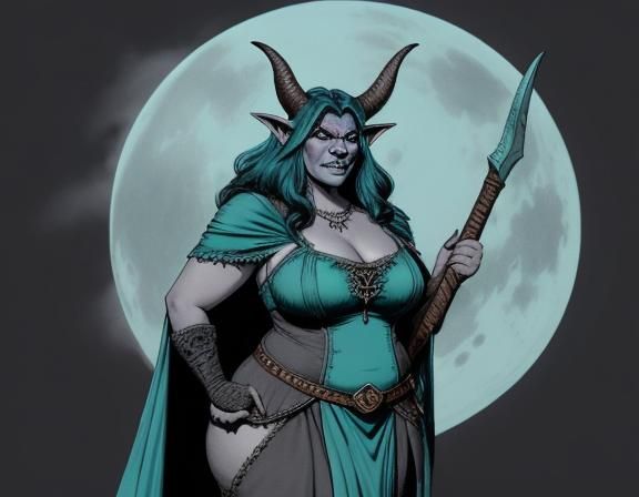 A fantasy illustration of a	Matronly	plus-sized	goblin	Barbarian	 wearing conservative clothing,	 near ...  by @Lots-of-games-to-play