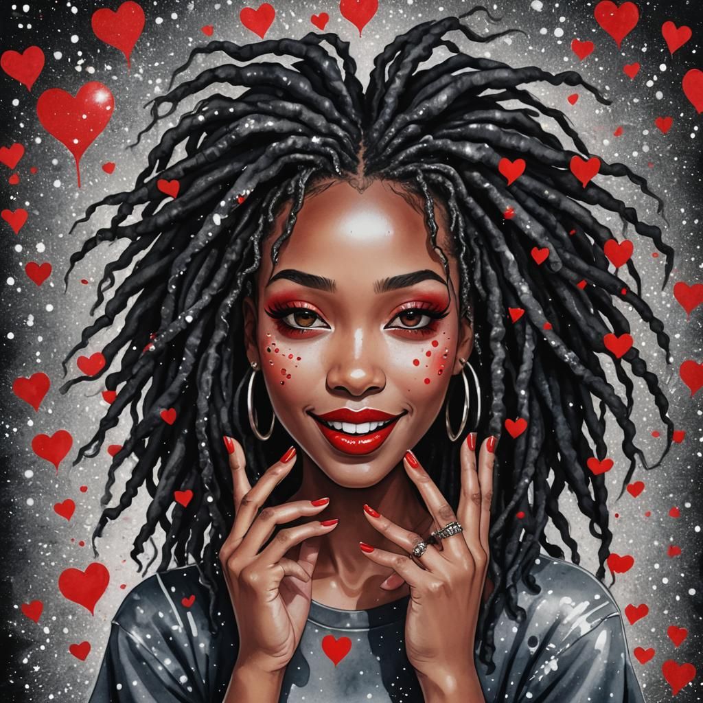 Airbrushed watercolor illustration of a joyful flirty ebony ...