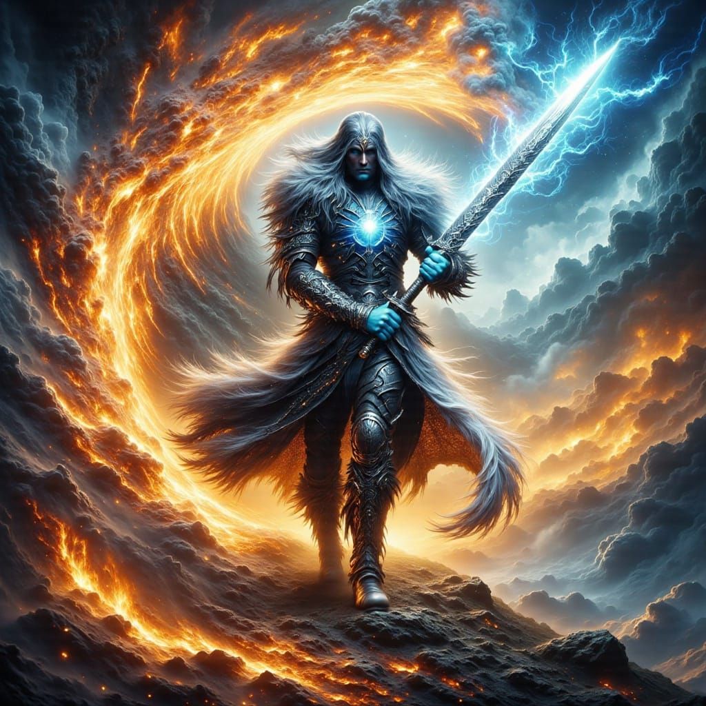 An elemental warrior brandishing a lightning sword amid swirling air, water, earth, and fire