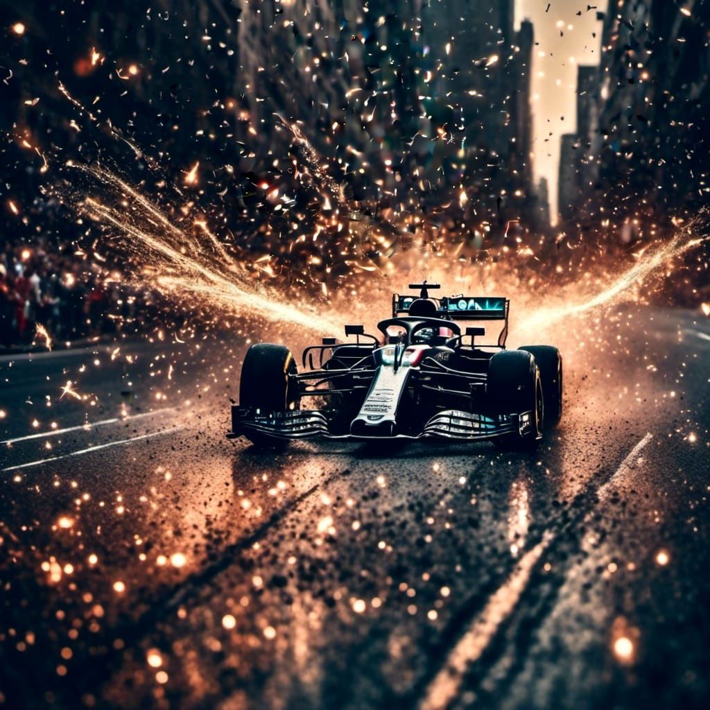 A massive F1 Formula One race, extreme action shot, tight corners in a cityscape racetrack, intense high-speed action, flying tire particles...
