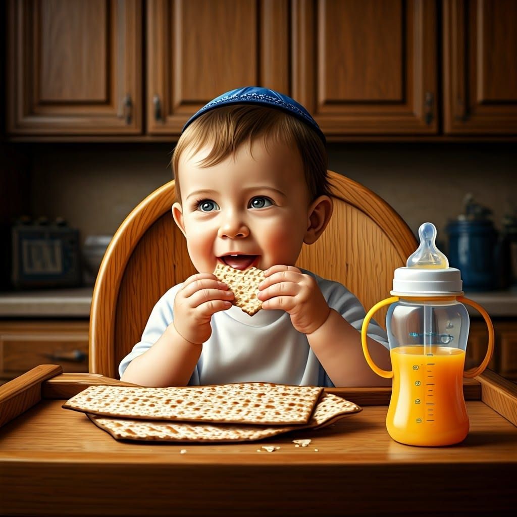 Warm Family Scene of Jewish Baby Boy with Passover Matzah