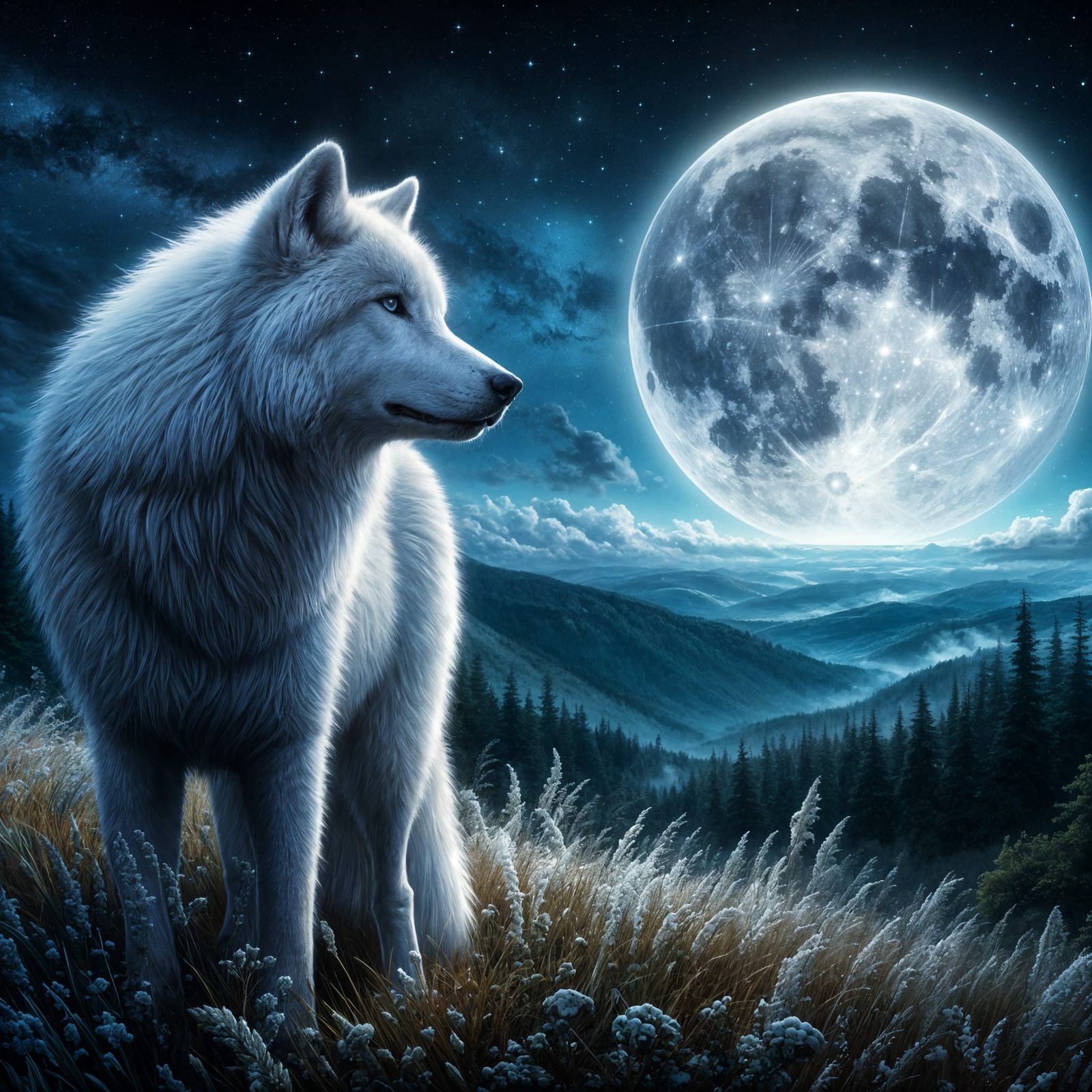 Portrait of a white wolf on a hill at night against the back...