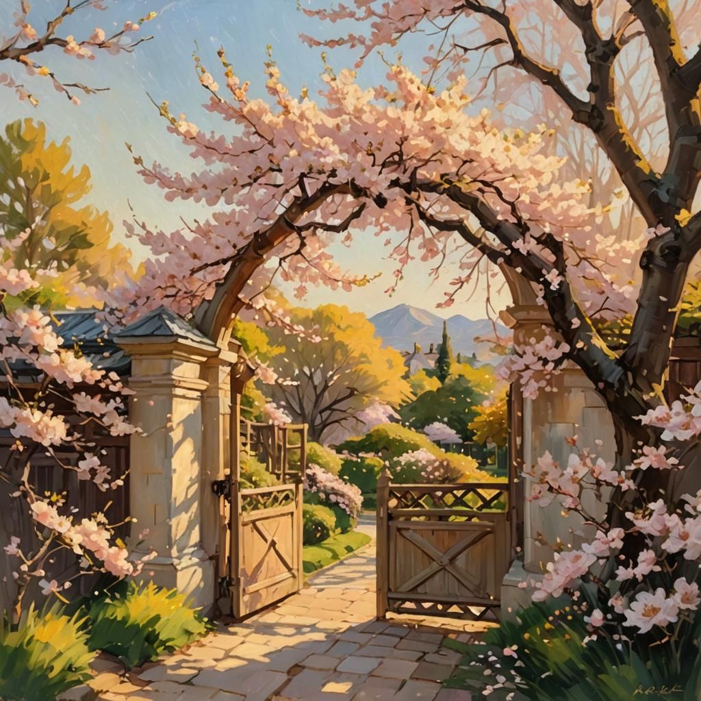 (A cherry blossom tree in the center of a secret garden.10.0...