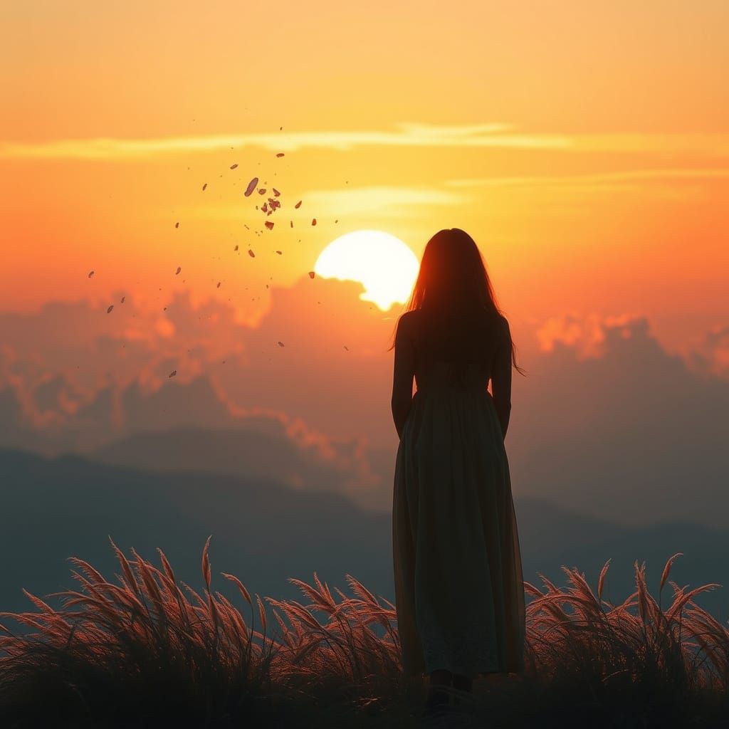 Woman Watches Surreal Sunset Dissolving Into Fragments