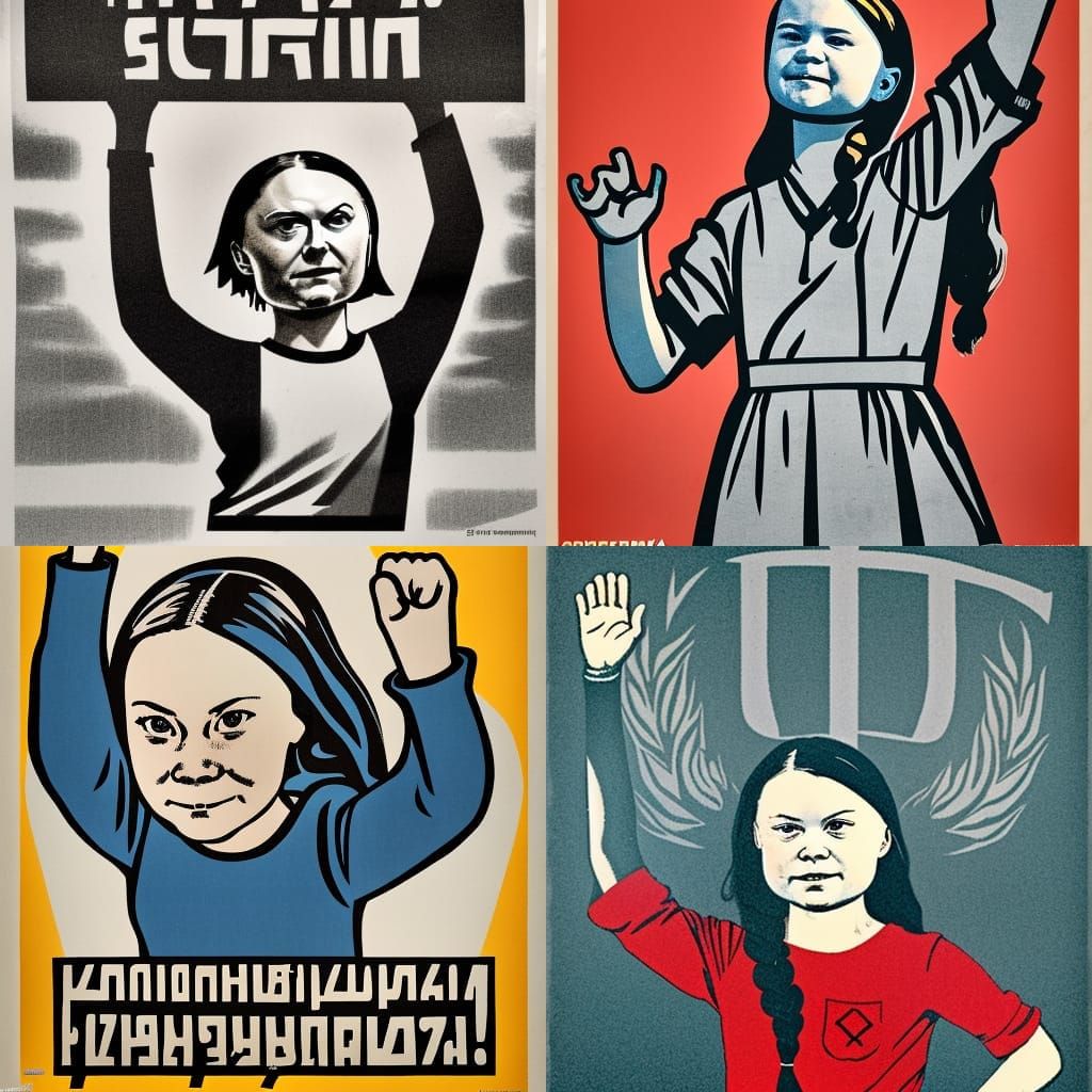 Greta Thunberg raising her arm, Soviet propaganda poster sty...
