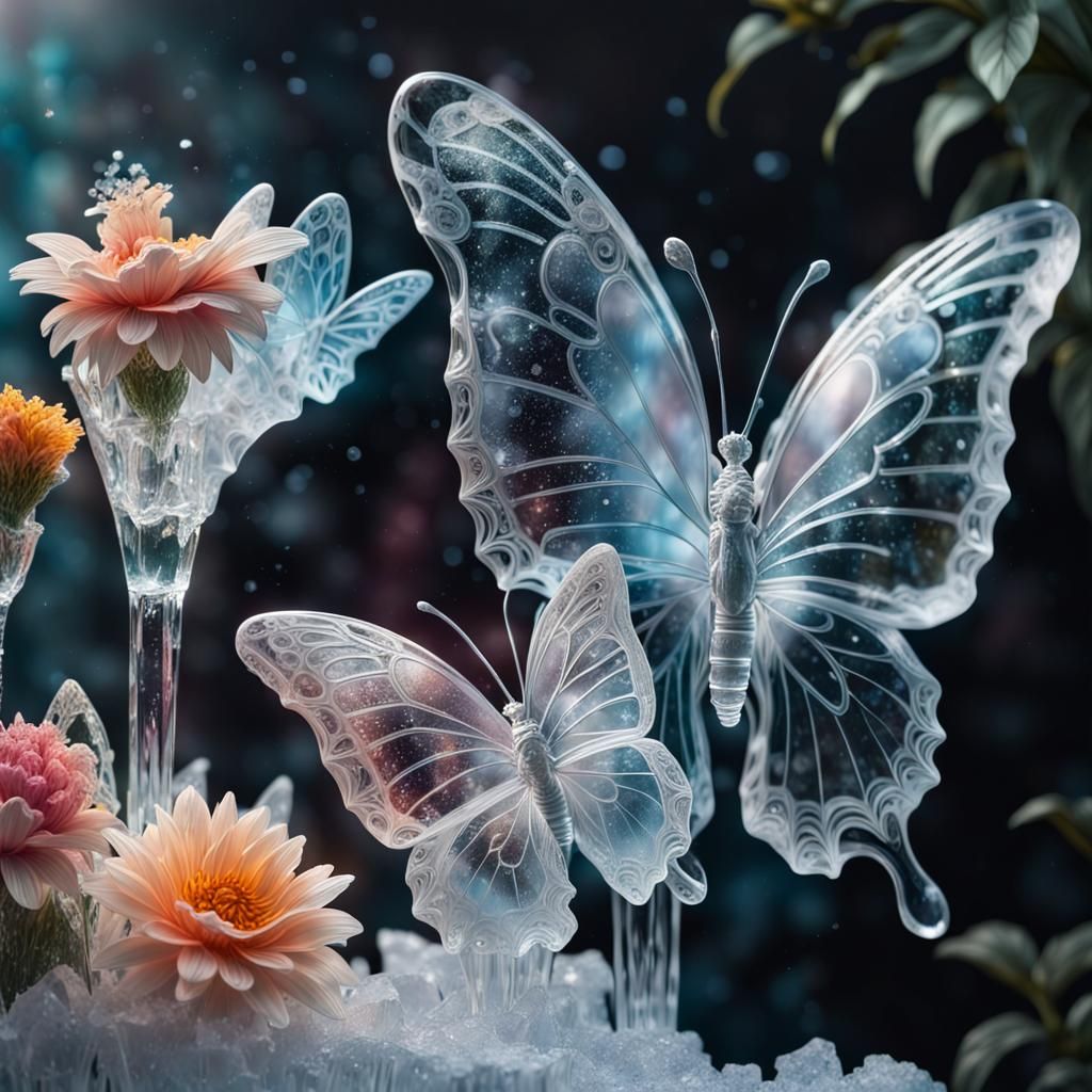 Ice sculptures of butterflies and 
 ice sculpture of flowers Hyperrealistic, splash art, concept art, ...  by @yavana