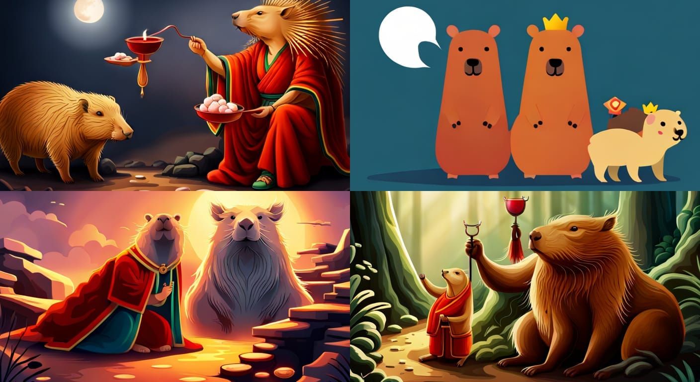 "Create an image featuring a deity Capybara and a cultist worshiping it. The Capybara should be depicted as a divine bei...
