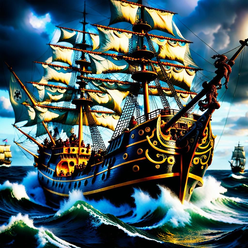 pirates sailing stormy seas mid shot (8k HD panoramic photog...