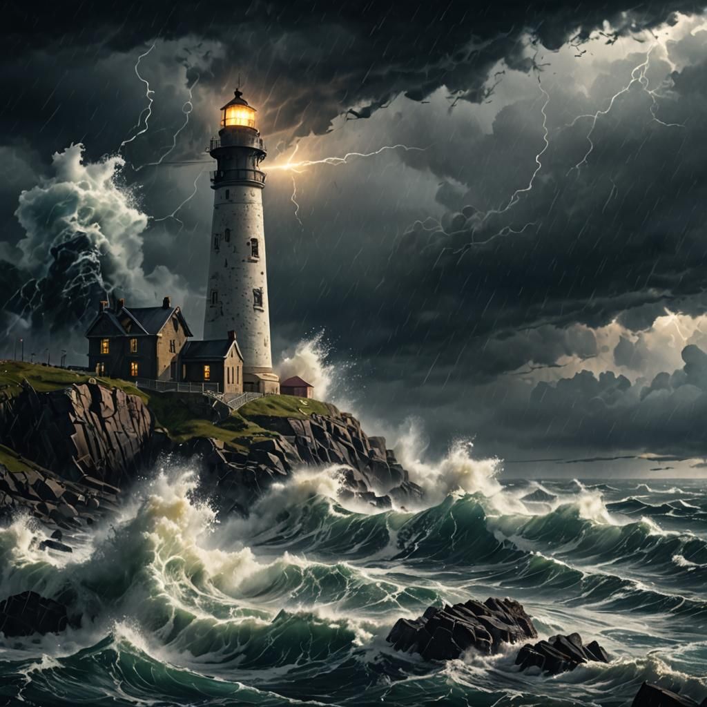 A lighthouse stands against a gale-force storm. Wind-driven rain pelts the surrounding rocks. Waves crash violently against the towering str...