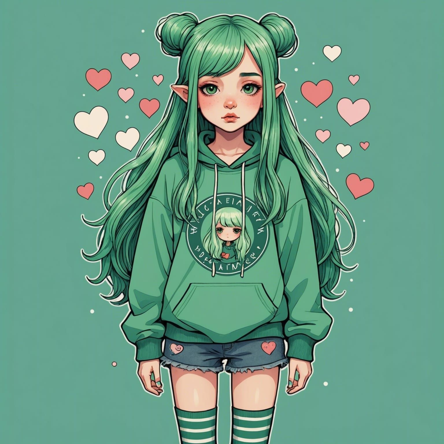 Dreamy Aquarian Girl Illustration with Green Hair