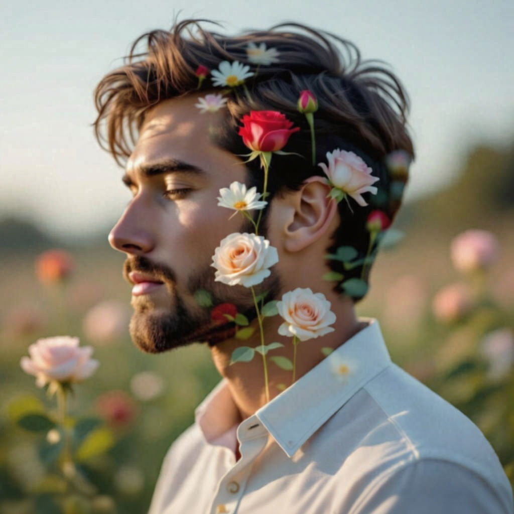 Floral Transparency: A Man's Face in Bloom
