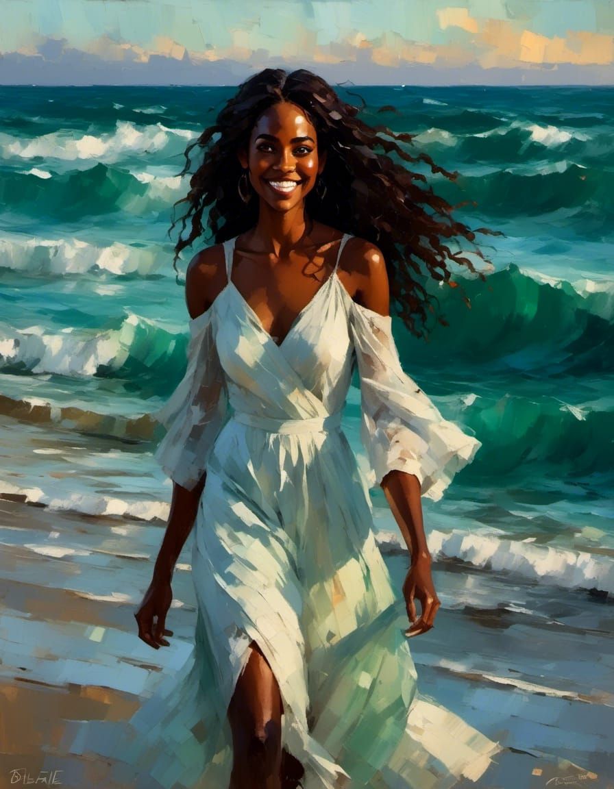 Digitalism4art-styleOilpainting artwork , Beautiful pretty young black woman walking on beach, late sunset, long black curling hair, fashion...
