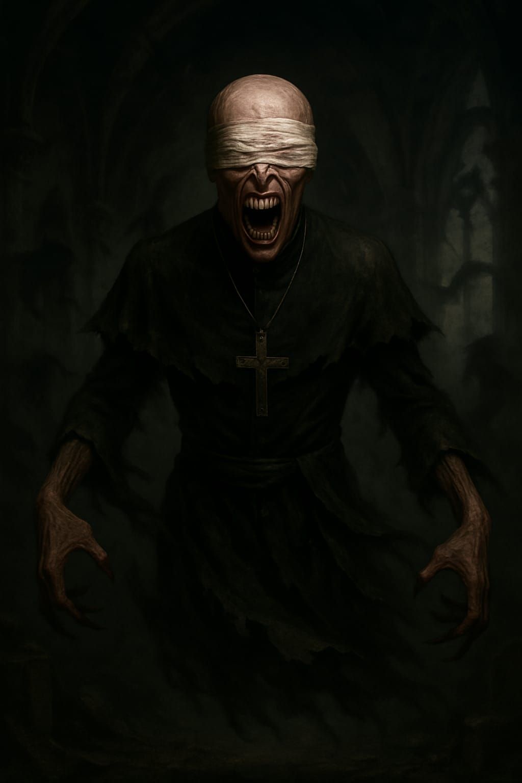 A blindfolded priest, levitating, surrounded by whispering s...