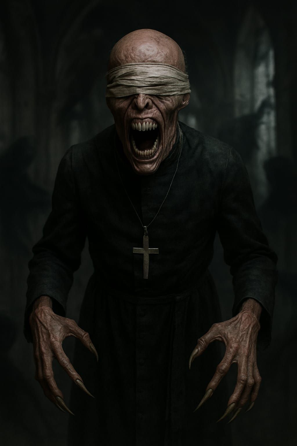 A blindfolded priest, levitating, surrounded by whispering s...