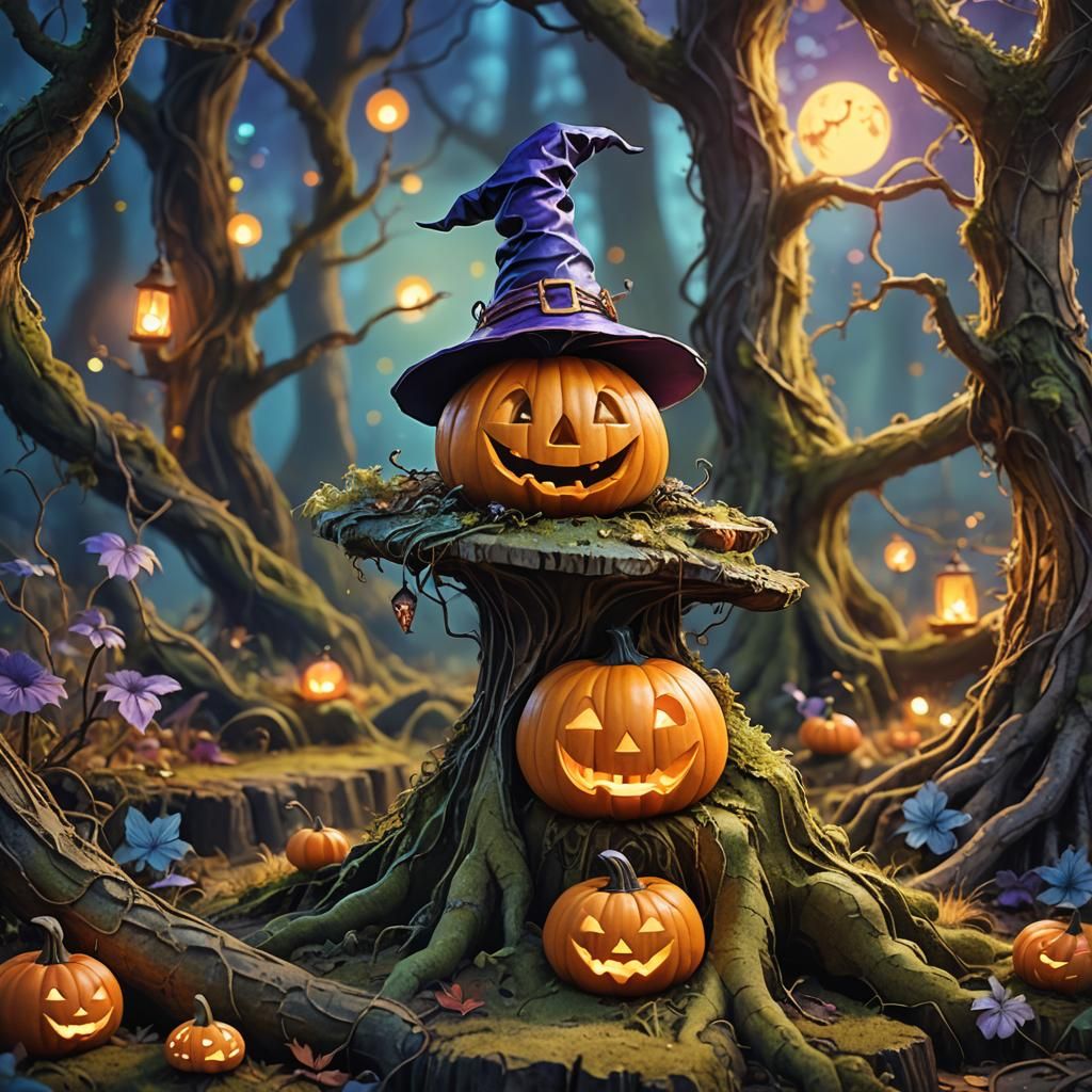 A cute pumpkin with a smiling face wearing a witch hat AI Generated