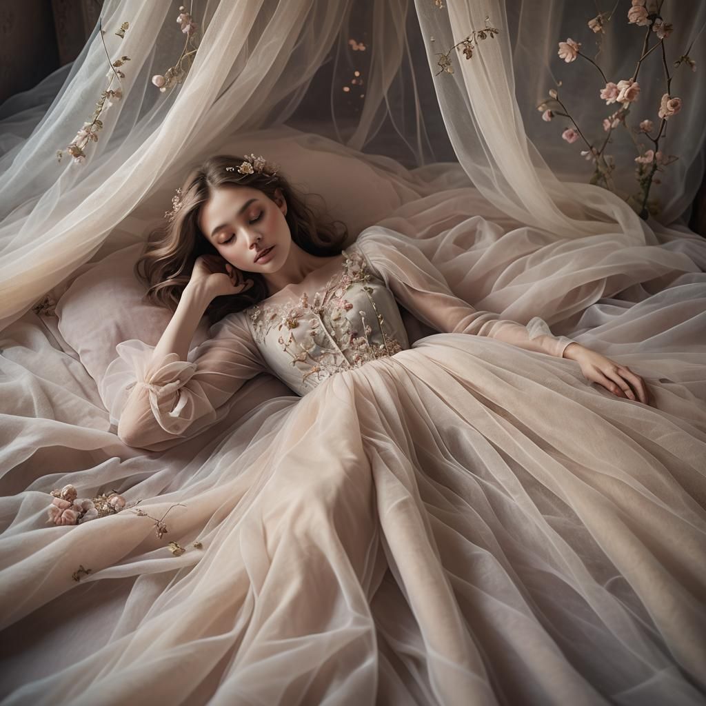 Girl Lying in bed delicated tulle