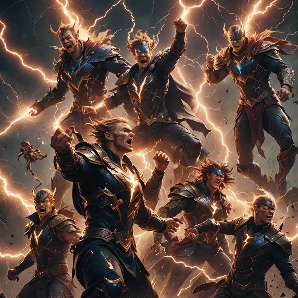 Characters hurling lightning bolts, faces lit by electric ar...