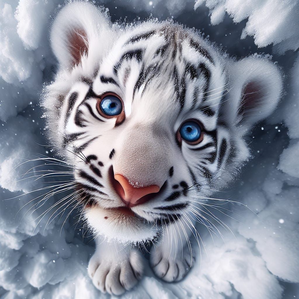 White tiger cub in the snow  by @Tina