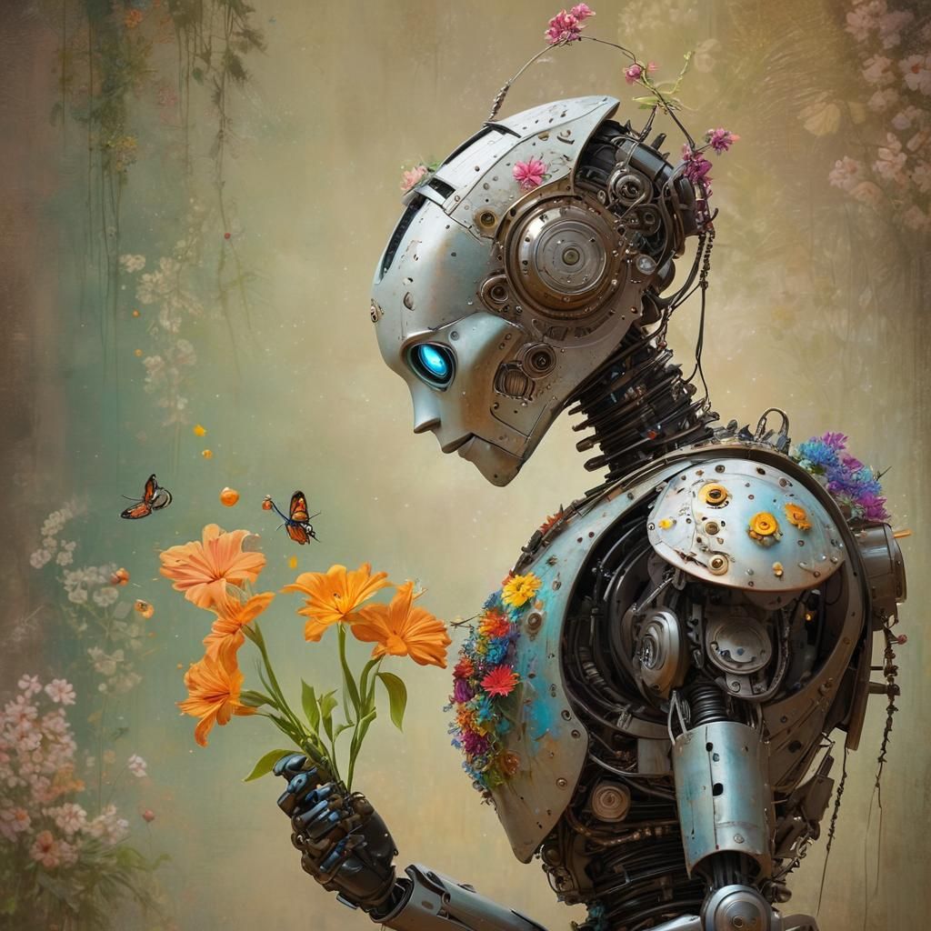 Large Mechanoid robot sniffing a pretty flower  by @Wolf Parsnip