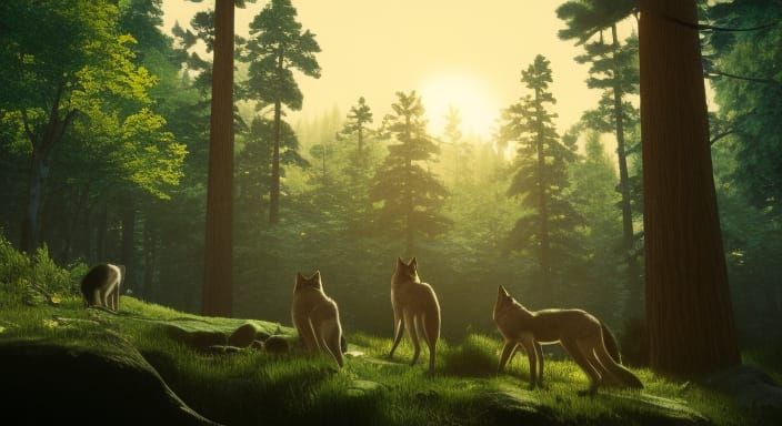 In the heart of the forest, by the flowing river, resides a pack of wolves.  Moon light, dark night, blue sky, golden hour, dreamy, highly... - AI  Generated Artwork - NightCafe Creator | 