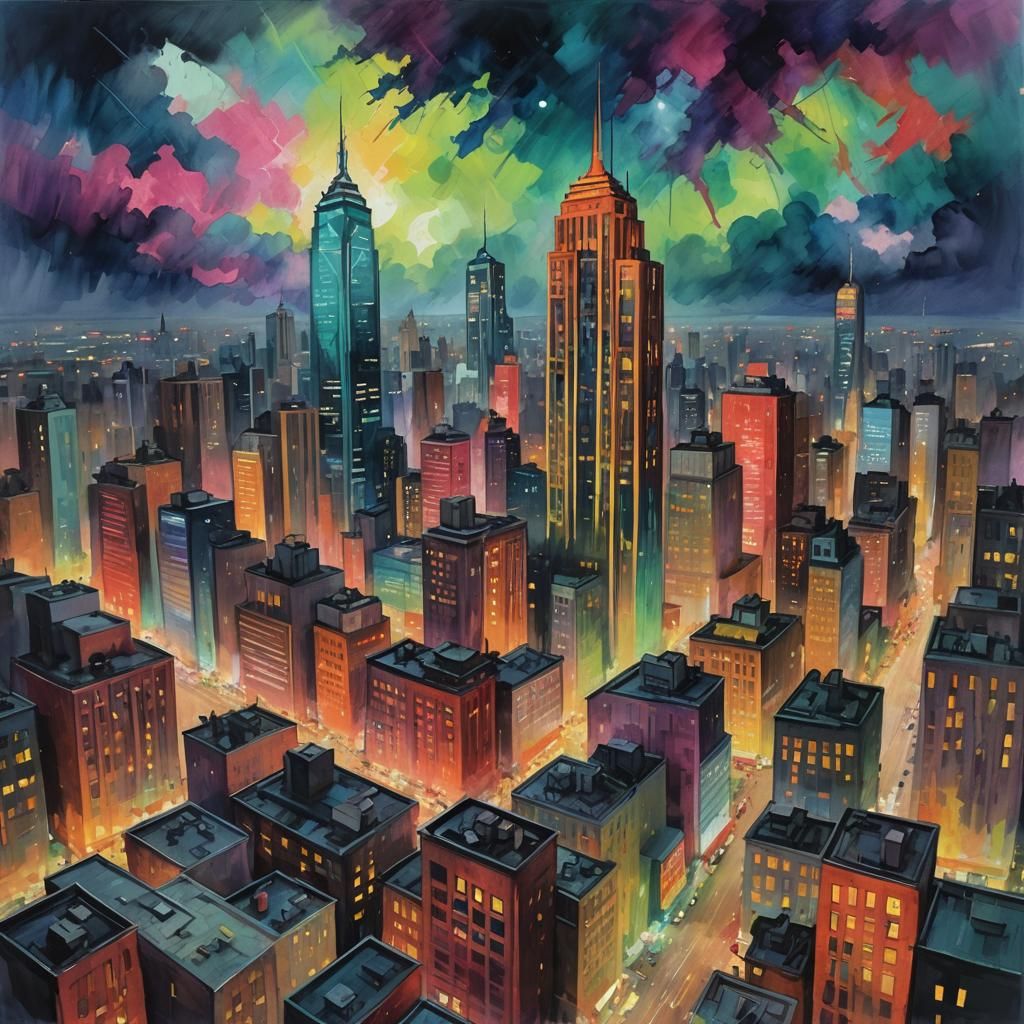 multi colored bright neon skyscraper buildings stormy sky an...