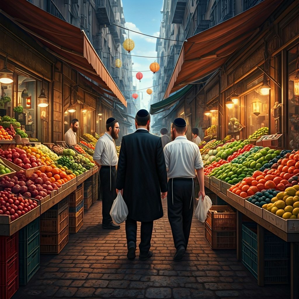 Vibrant Market Scene with Orthodox Jewish Men