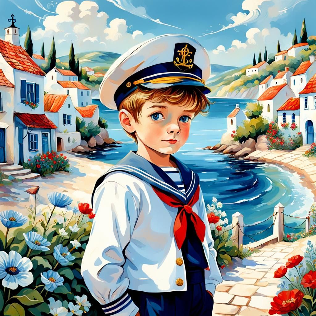 Boy sailor  in village by the sea