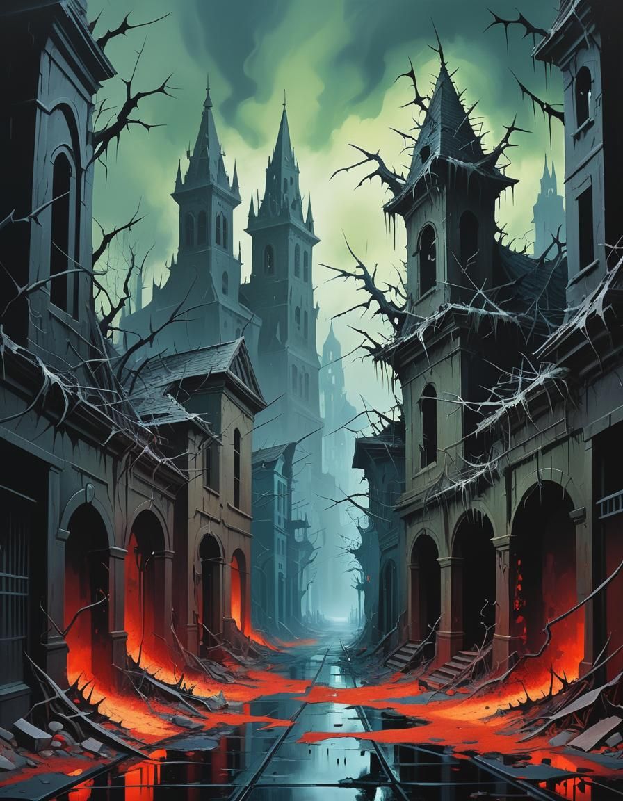 a desolate fantasy city covered in ash and thorns and haunte...