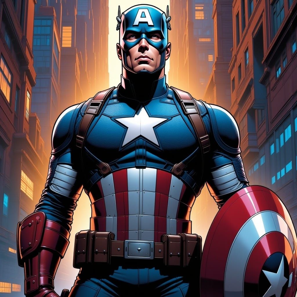 <lora:Comic XL Flux:1.0> Captain America standing stoically, his face stern and serious