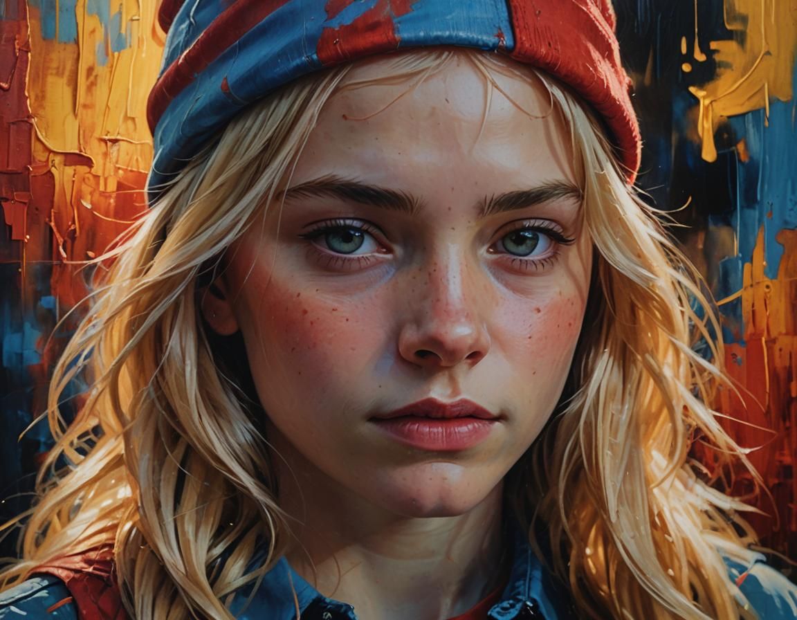 A young girl in her 12s with long blonde hair in a red cap and a blue