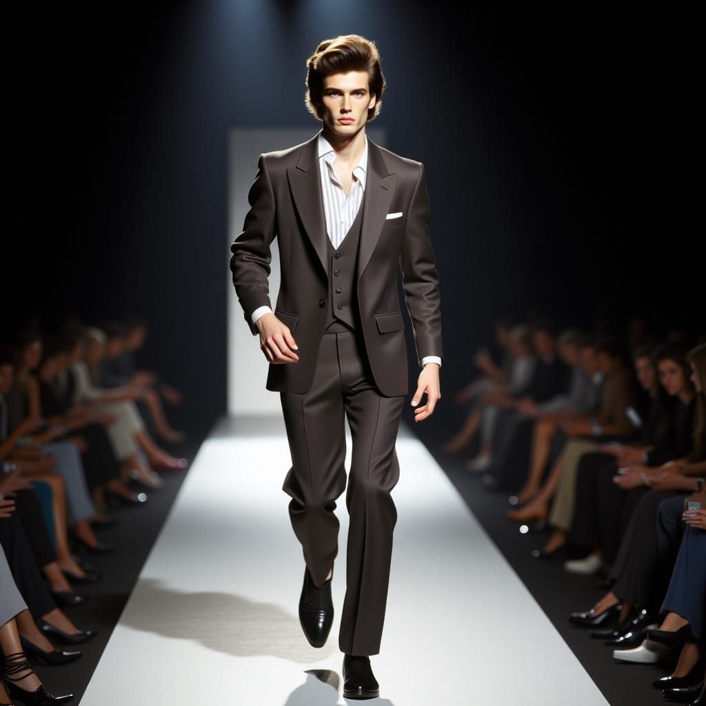  <lora:Flux 80s Supermodel:1.0> male model 1980s model style, wearing a haute couture suit on the runway 