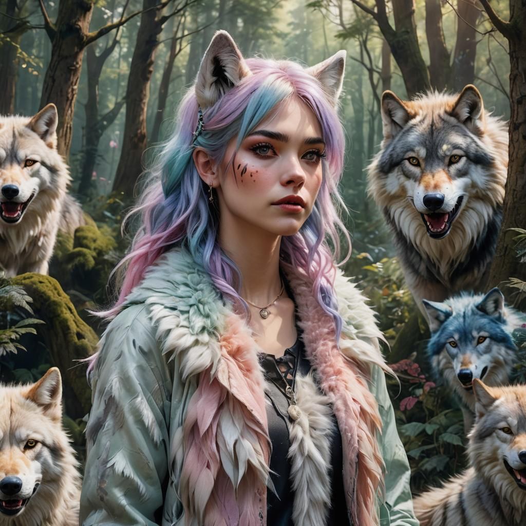 A hyper-realistic portrait of an animal girl with pastel fur...