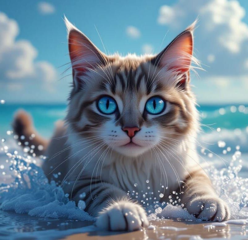 Gato con ojos azule nadando en la playa