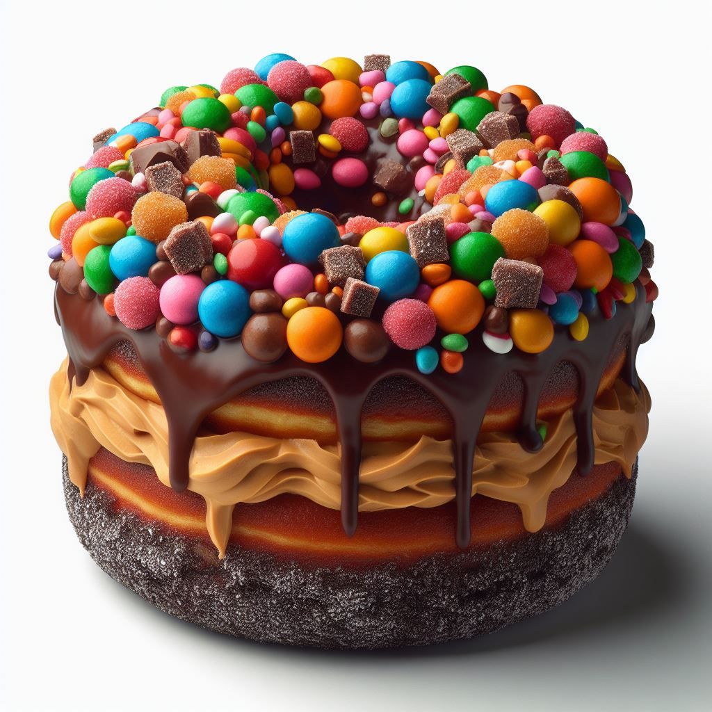 chocolate-glazed donut, filled with peanut butter cream, che...