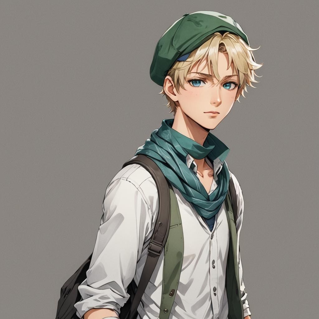 A boy with short, messy blonde hair and blue eyes. He is wea...