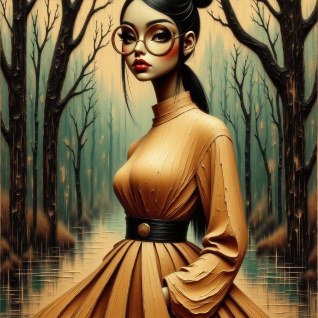 <lora:Nerd Couture:1.0> “Luminous cinematic portrait of a Nerd Couture goddess, oversized round glasses, high-waisted pleated skirt, golden ...