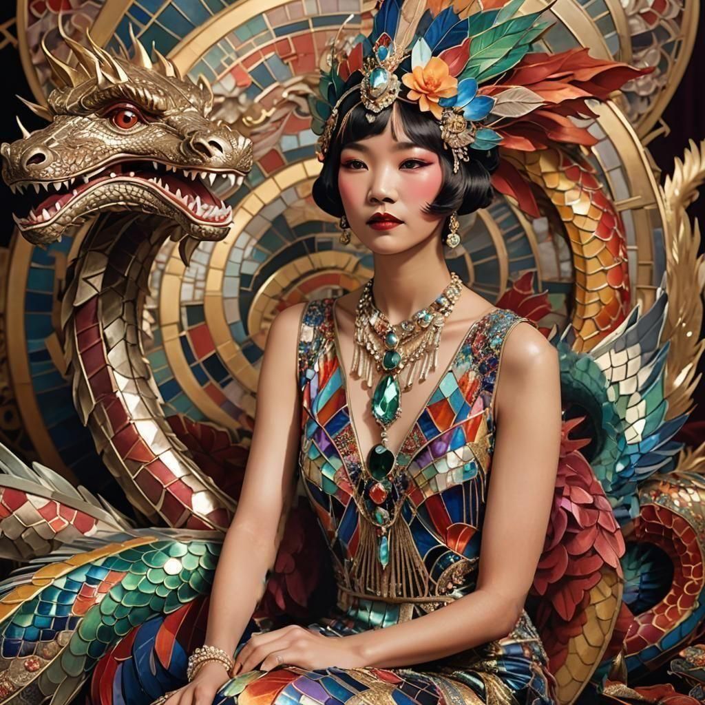 full body 1920s art deco Vedette dragon burlesque asian woman intricate vintage classic elegant intricate flapper gown with jewel gem headdr...