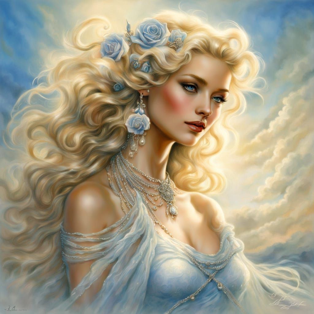 In the soft sunlight stands a gorgeous goddess draped in transparent flowing silk with pearls cascading down her shoulders, a three strand p...