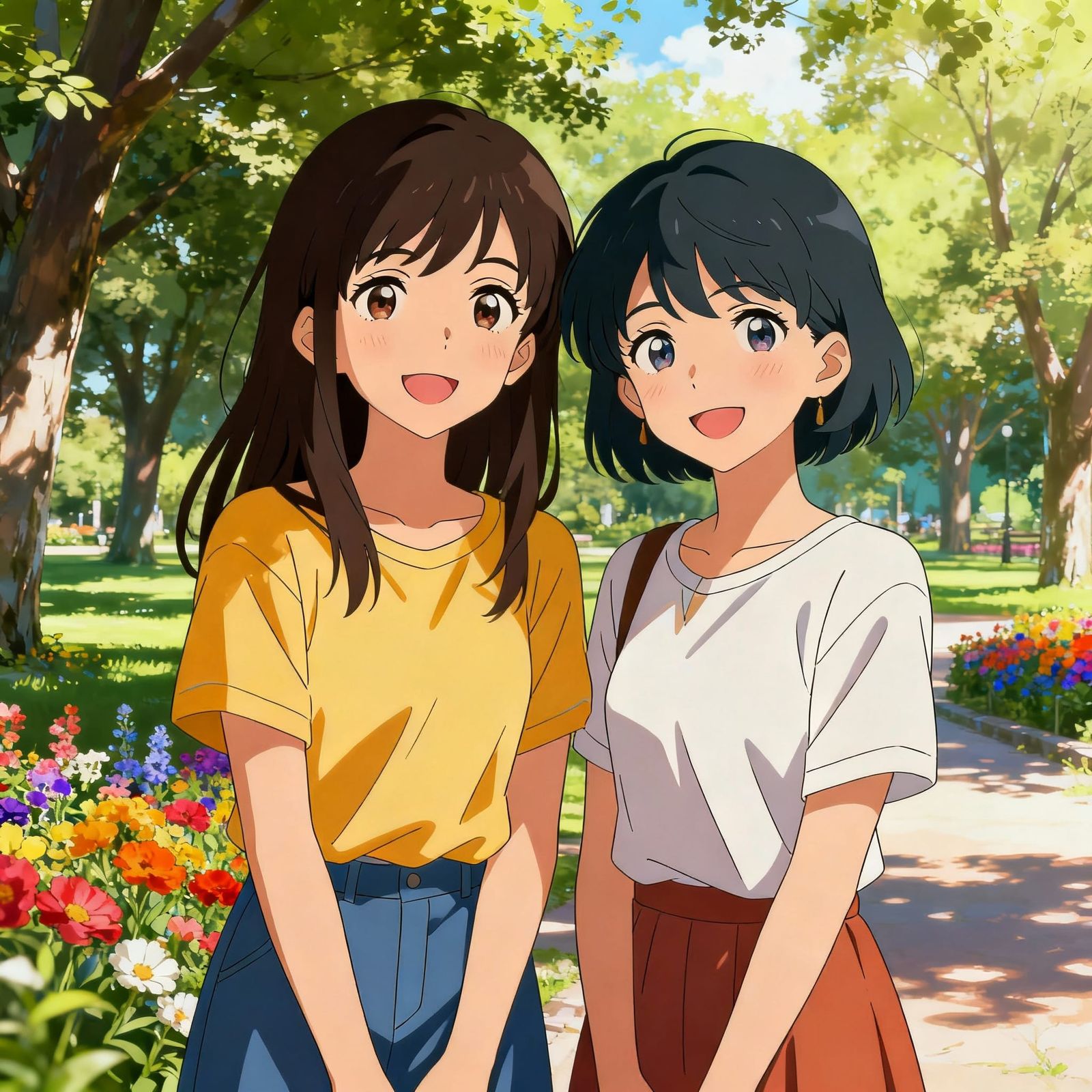 Beautiful Young Girls and Best Friend in Park