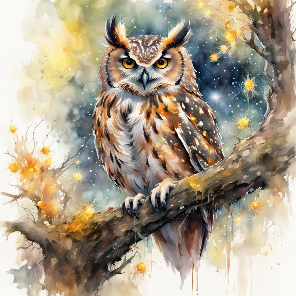 Watercolor painting. A wise old owl perches on a branch of a gnarled oak tree.   by @Zs Art Collection
