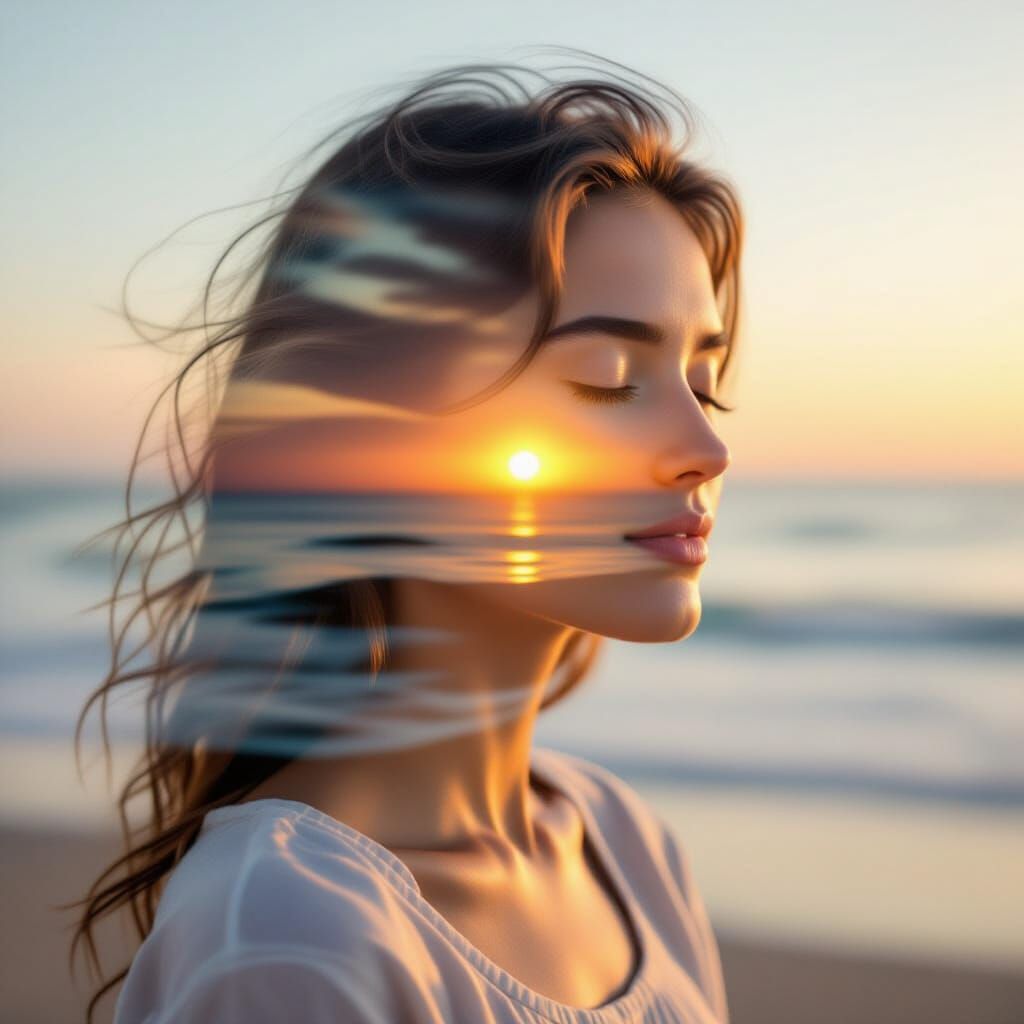 Meditative Beach Sunset in Double Exposure Style