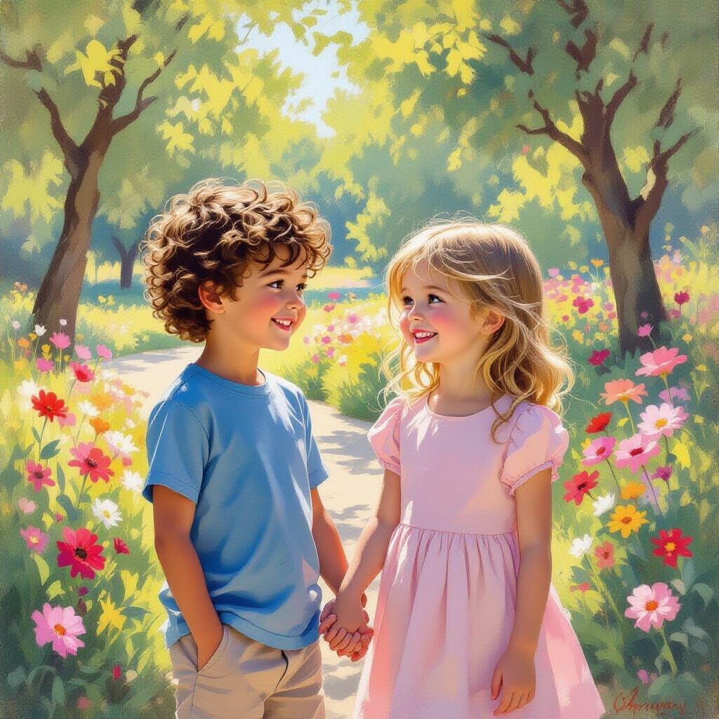 Two Joyful Children in a Sunny Park, Impressionist Style