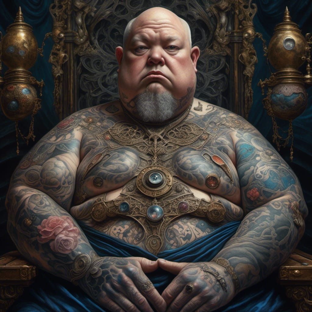 lora:NC Hyperreal:1.0> bald wizard, clean shaven, heavily tattooed head, fat,  gown with symbols, head and shoulders, stonework, hyper reali... - AI  Generated Artwork - NightCafe Creator