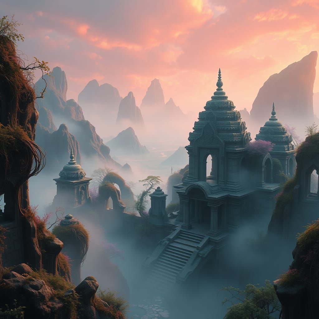 Mystical Temple Ruins in an Alien Landscape